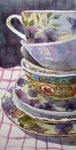 still life, cups, mugs, tea, light, original watercolor painting, gabetta