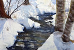 landscape, woods, forest, snow, creek, river, trees, winter, birch, twigs, original watercolor painting, gabetta